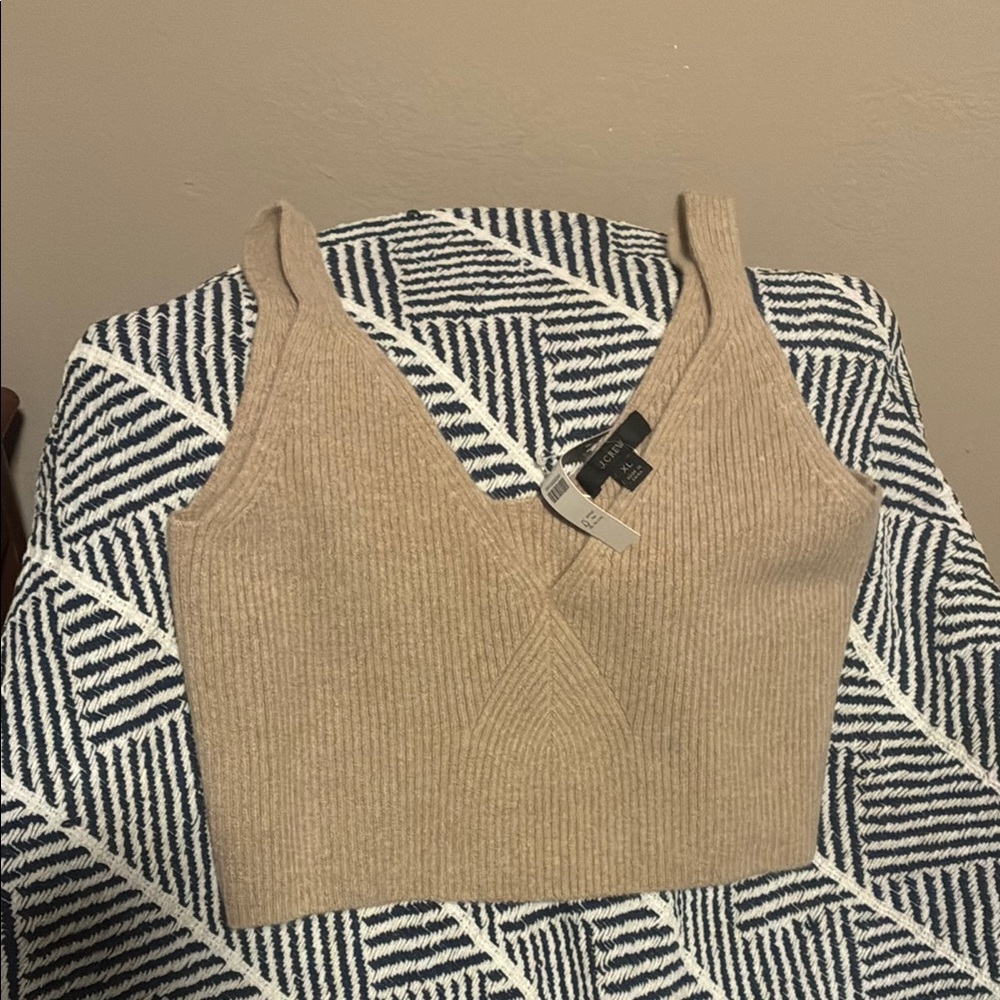 Cashmere J. Crew Oatmeal Tan Ribbed Knit Design Sweater Crop Tank Top Size XL